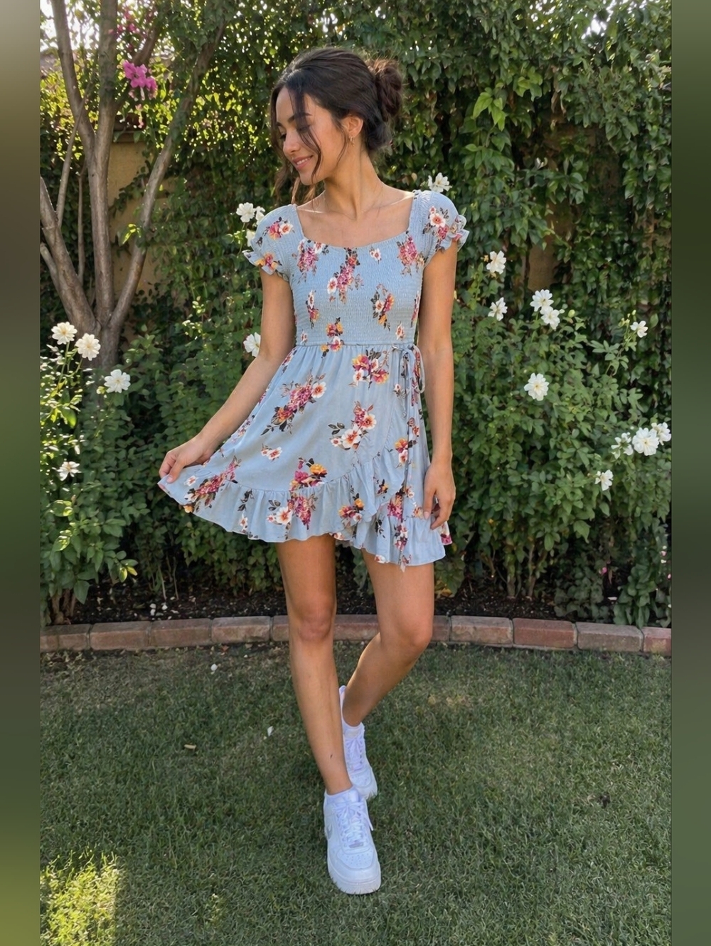Blue Floral Smocked Mini Dress SZ Medium Off Shoulder Ruffle Hem Casual Summer